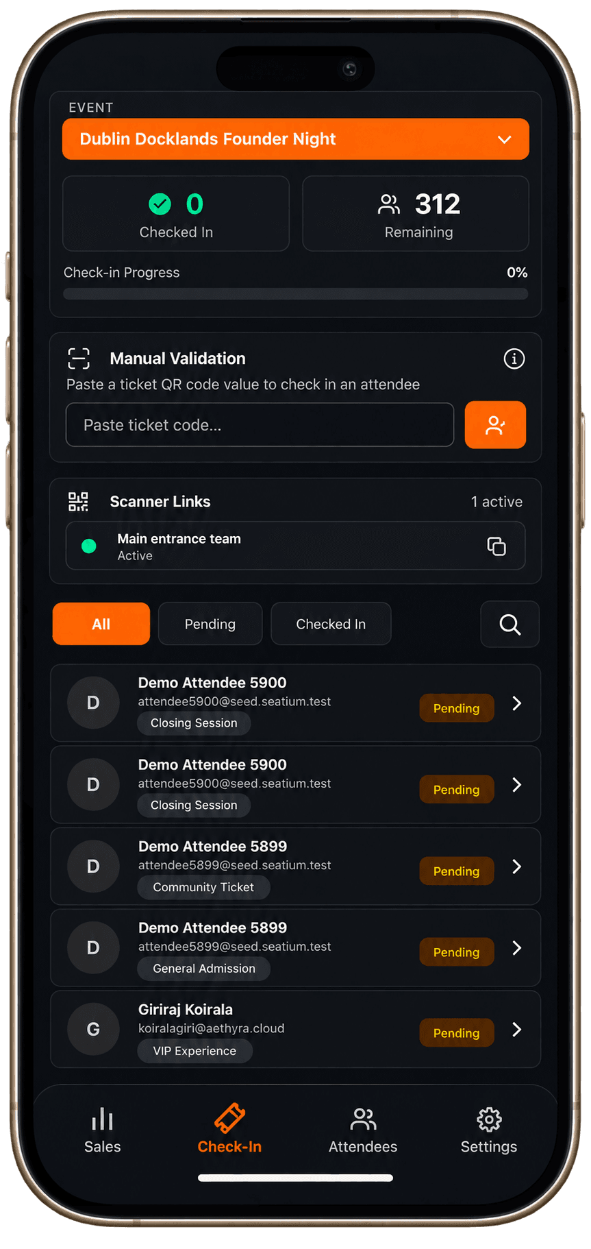 Mobile check-in view with scanner status and attendee search