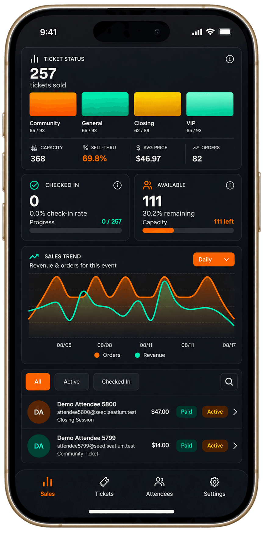 Mobile ticket sales view showing live inventory and sell-through