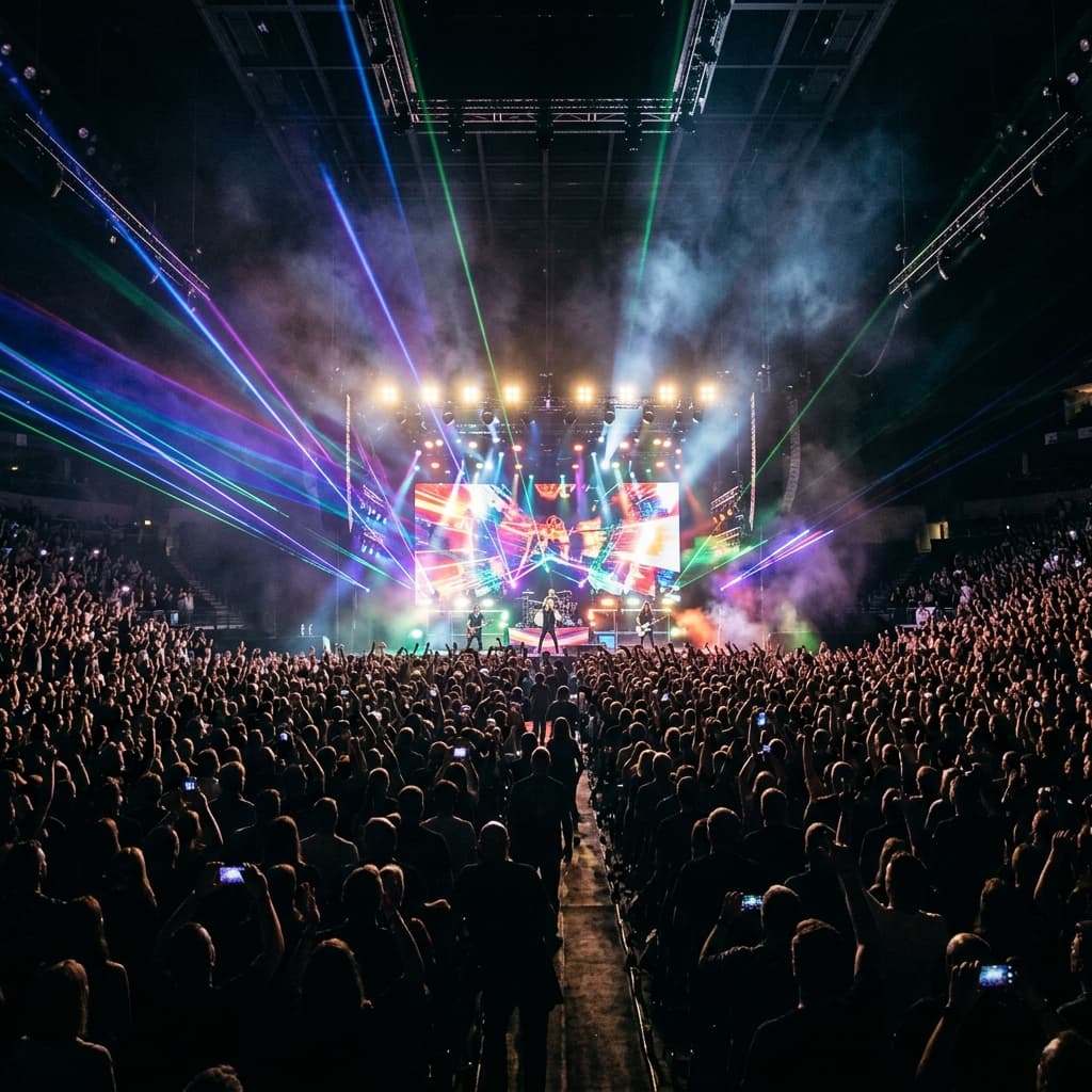 A crowd gathered around a brightly lit concert stage