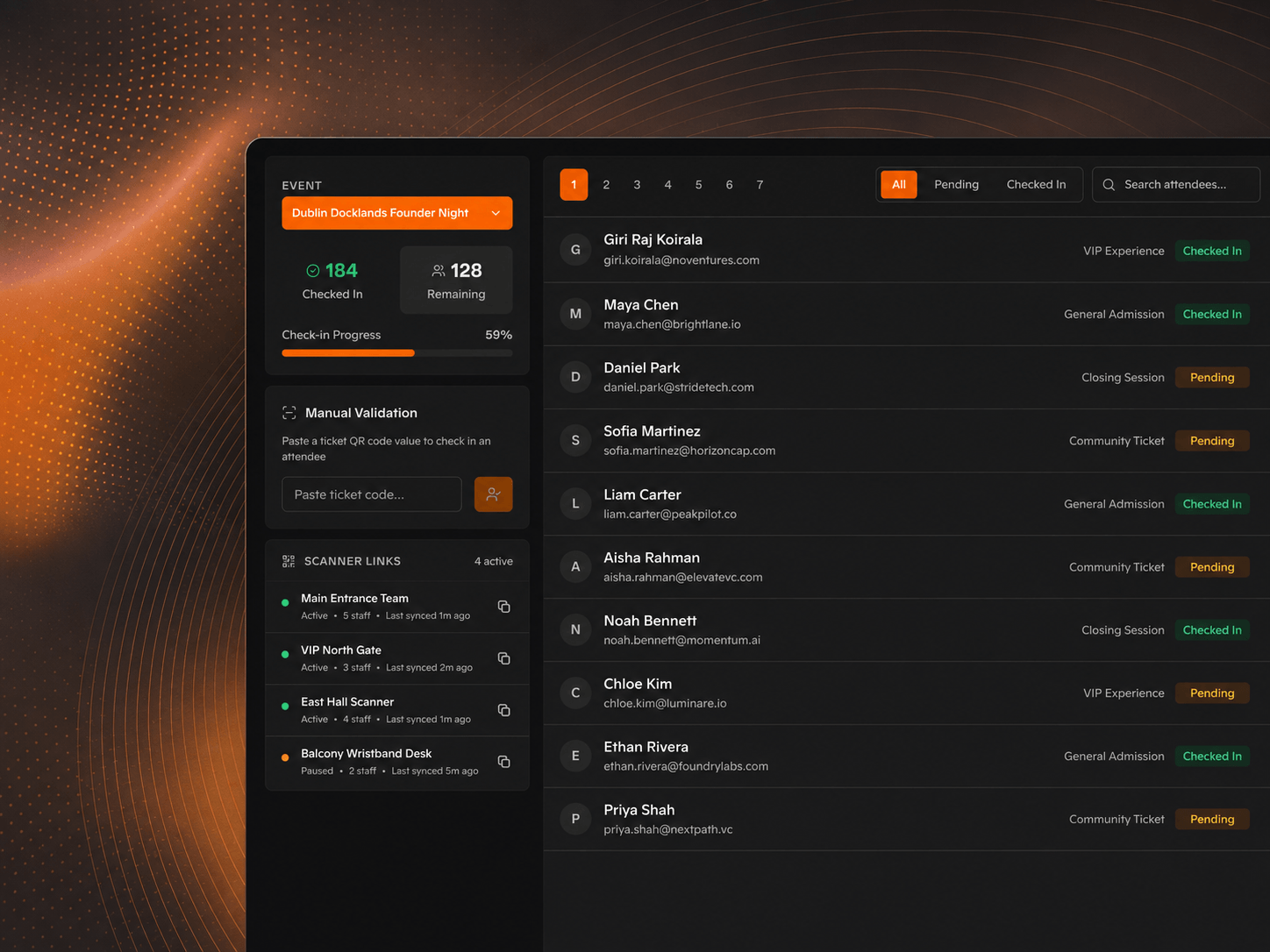 Check-in dashboard with live scanner status, attendee search, and check-in progress